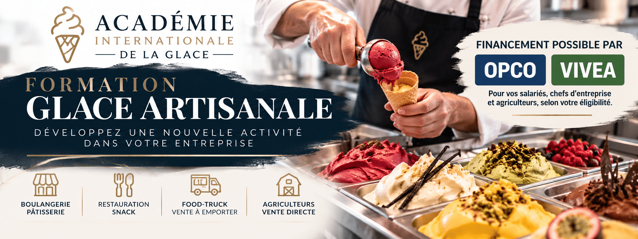 Publicité : formation glace artisanale, financement possible par OPCO ou VIVEA
