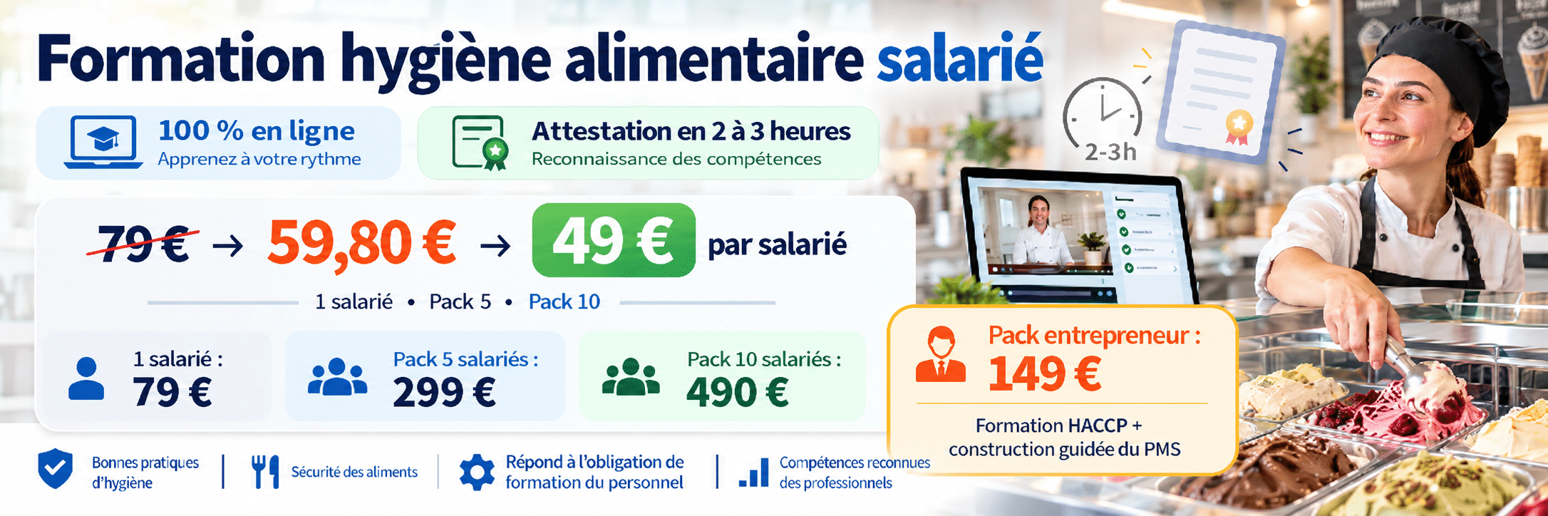 Publicité : formation hygiène alimentaire du personnel, 100 % en ligne