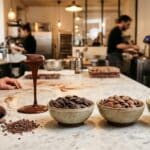 Barry Callebaut : volumes en baisse chez les artisans, stratégie recentrée Pistoles de chocolat de couverture noir et lait en laboratoire