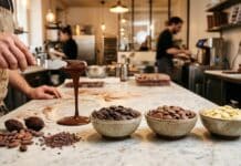 Barry Callebaut : volumes en baisse chez les artisans, stratégie recentrée Pistoles de chocolat de couverture noir et lait en laboratoire