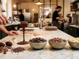 Barry Callebaut : volumes en baisse chez les artisans, stratégie recentrée Pistoles de chocolat de couverture noir et lait en laboratoire