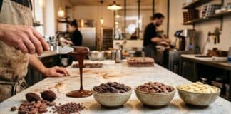 Barry Callebaut : volumes en baisse chez les artisans, stratégie recentrée Pistoles de chocolat de couverture noir et lait en laboratoire