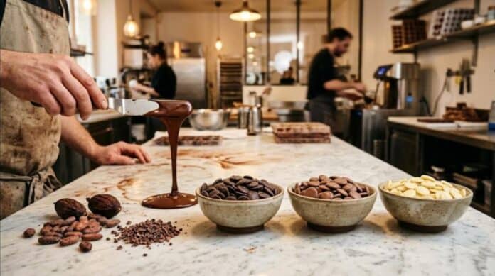 Pistoles de chocolat de couverture noir et lait en laboratoire