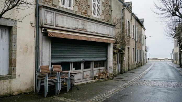 Boutique de glace fermée en hiver, chaises empilées en terrasse