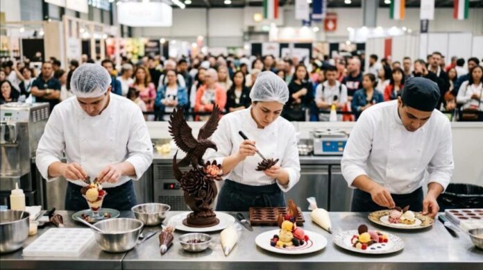 Équipe de glaciers en compétition présentant des desserts glacés