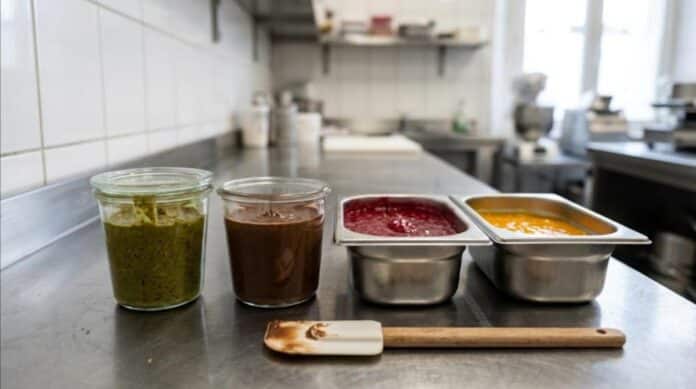 Laboratoire de glacier avec pâtes, purées de fruits et bases pour glace