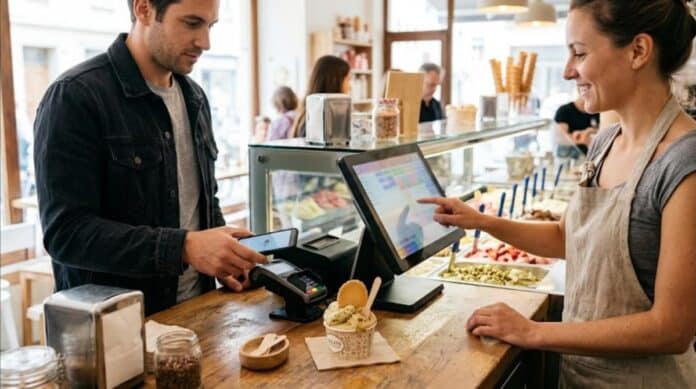 Encaissement sur une caisse tactile au comptoir d'un glacier