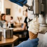 Glace à l’italienne : mix en poudre ou mix liquide, comment choisir Machine à glace à l'italienne servant un cornet de glace vanille