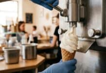 Glace à l’italienne : mix en poudre ou mix liquide, comment choisir Machine à glace à l'italienne servant un cornet de glace vanille