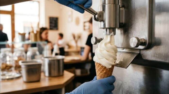 Machine à glace à l'italienne servant un cornet de glace vanille