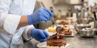 MOF « Glaces, sorbets, crèmes glacées » : la 28e session vers ses titres de 2027 Glacier artisan dressant un entremets glacé avec précision