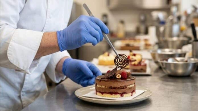 Glacier artisan dressant un entremets glacé avec précision