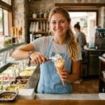 Recrutement 2026 : des tensions en recul, mais pas en cuisine Jeune vendeuse servant une boule de glace derrière le comptoir d'un glacier