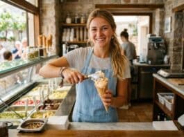 Recrutement 2026 : des tensions en recul, mais pas en cuisine Jeune vendeuse servant une boule de glace derrière le comptoir d'un glacier