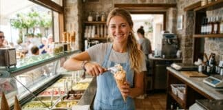Recrutement 2026 : des tensions en recul, mais pas en cuisine Jeune vendeuse servant une boule de glace derrière le comptoir d'un glacier