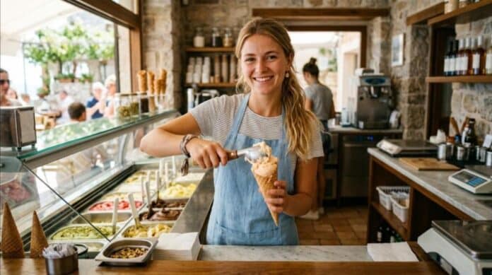 Jeune vendeuse servant une boule de glace derrière le comptoir d'un glacier