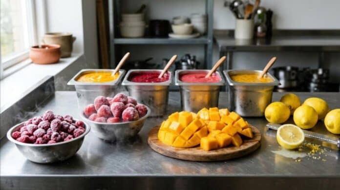 Fruits rouges, mangues et purées de fruits pour sorbets