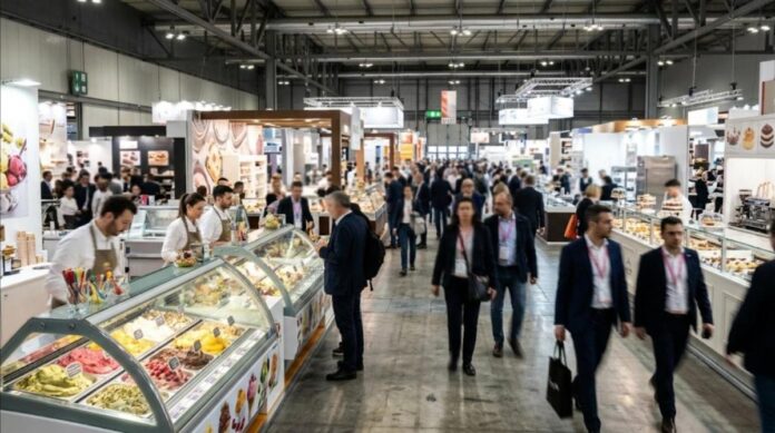 Hall de salon professionnel de la glace avec stands et vitrines de gelato
