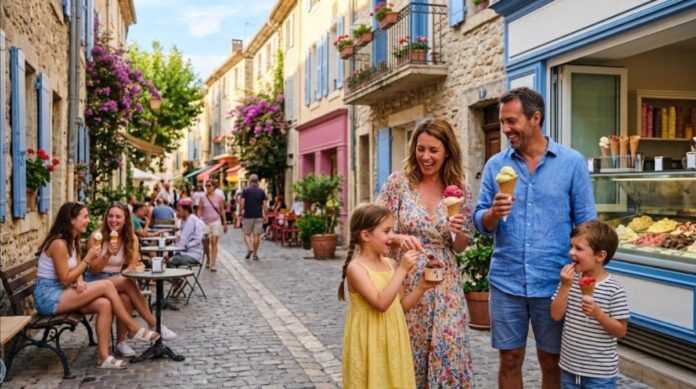 Clients achetant des glaces en terrasse un jour d'été
