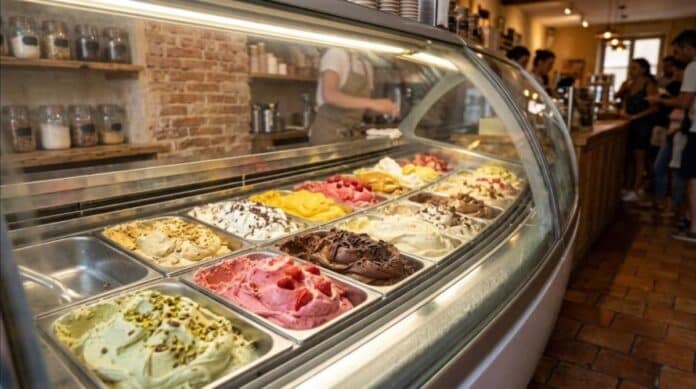 Vitrine réfrigérée à glace avec bacs de glaces artisanales