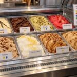 Hygiène en glacerie : tous vos employés doivent être formés, et les 8 erreurs à corriger Vitrine de glaces avec pastilles de couleur indiquant les allergènes et légende affichée