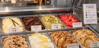 Hygiène en glacerie : tous vos employés doivent être formés, et les 8 erreurs à corriger Vitrine de glaces avec pastilles de couleur indiquant les allergènes et légende affichée