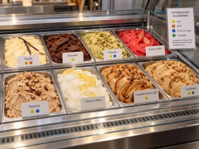 Vitrine de glaces avec pastilles de couleur indiquant les allergènes et légende affichée